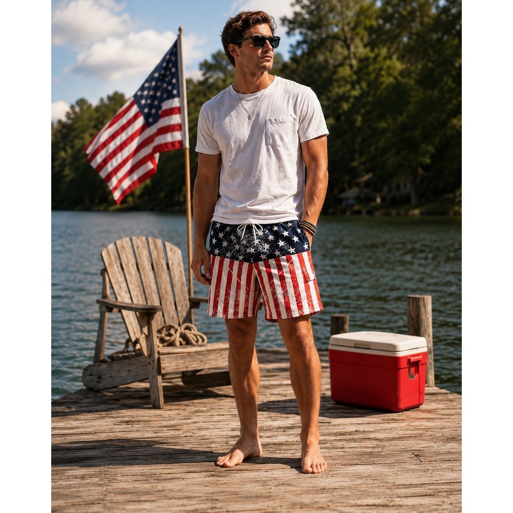 Calhoun American Flag Board Shorts‎ Patriotic Stars Stripes Beach Summer Surf M